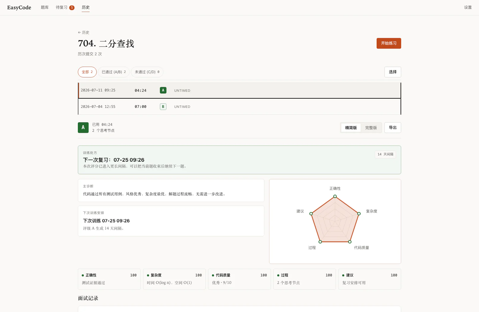 EasyCode 历史页：同一道题的历次提交时间线，从 B 到 A 的评级变化与完整诊断