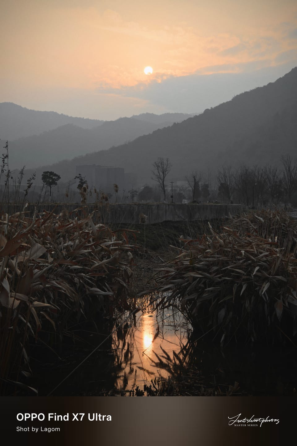 前景枯芦苇丛间一道水流倒映落日，远处山峦与建筑隐于暮霭之中