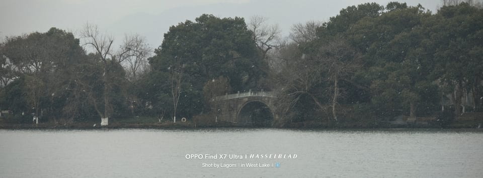 宽幅湖景，对岸一座石拱桥掩映在成排树木间，天色灰蒙有飘雪